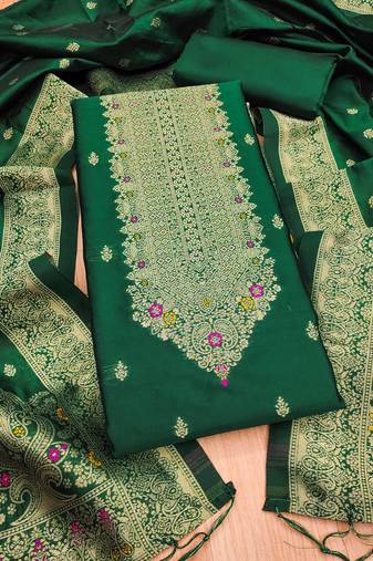 Bottle green soft banarasi silk pure zari woven design dress material