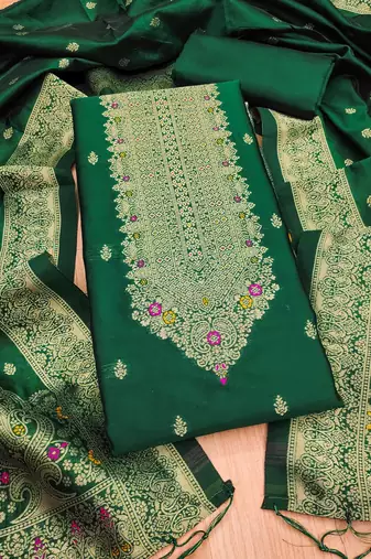 Bottle green soft banarasi silk pure zari woven design dress material