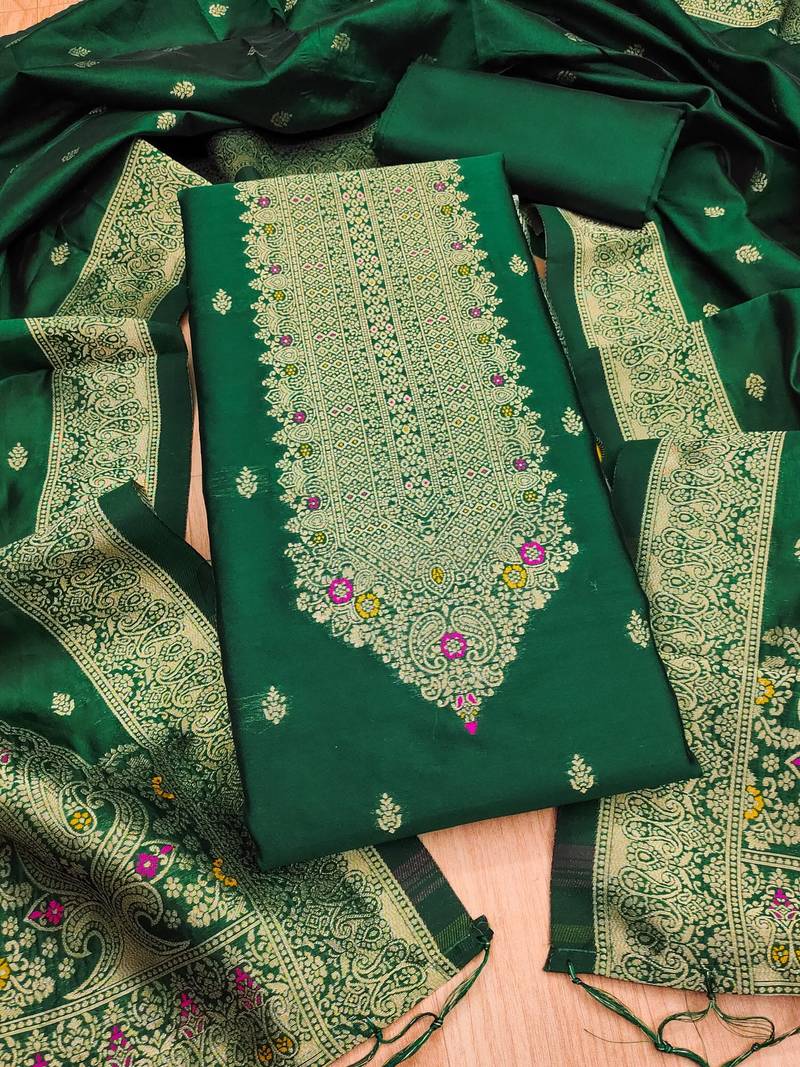 Bottle green soft banarasi silk pure zari woven design dress material