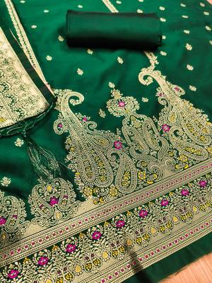 Bottle green soft silk blend silk pure zari woven dress material 2