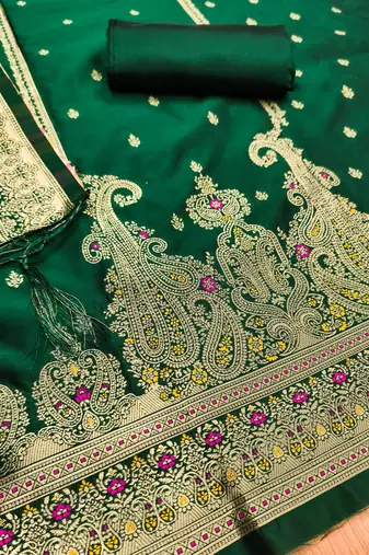 Bottle green soft silk blend silk pure zari woven dress material