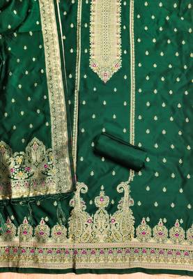 Bottle green soft silk blend silk pure zari woven dress material 3