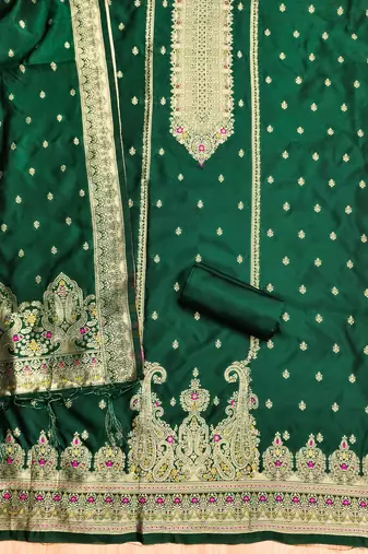 Bottle green soft silk blend silk pure zari woven dress material