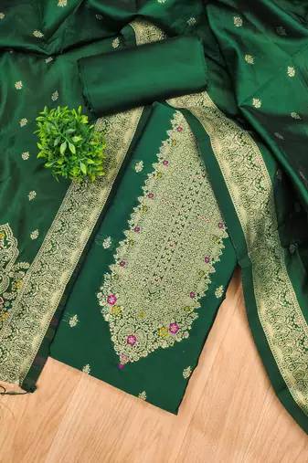Bottle green soft silk blend silk pure zari woven dress material