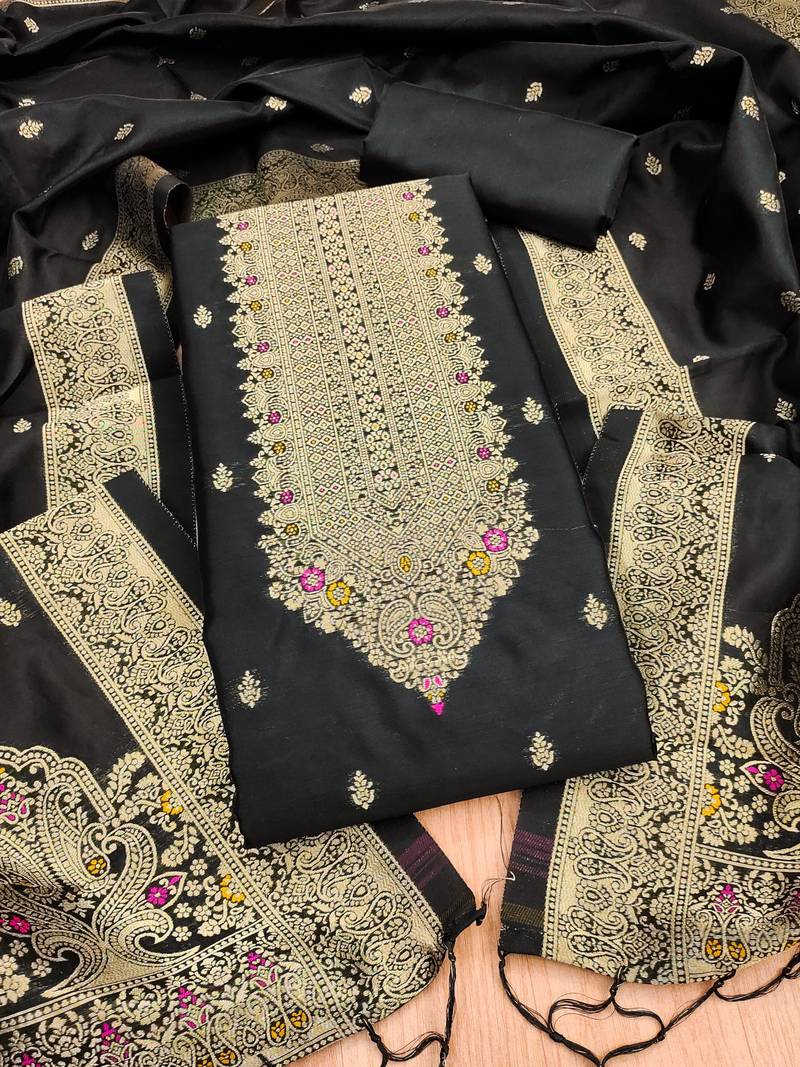 Black soft banarasi silk pure zari woven design dress material