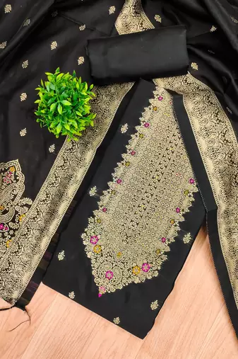 Black soft silk blend silk pure zari woven dress material