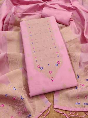 Baby pink soft silk blend silk pure zari woven dress material 1