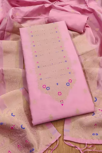 Baby pink soft banarasi silk pure zari woven design dress material