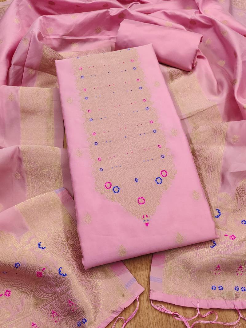 Baby pink soft banarasi silk pure zari woven design dress material