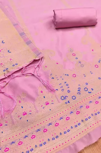 Baby pink soft silk blend silk pure zari woven dress material