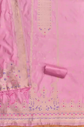 Baby pink soft silk blend silk pure zari woven dress material