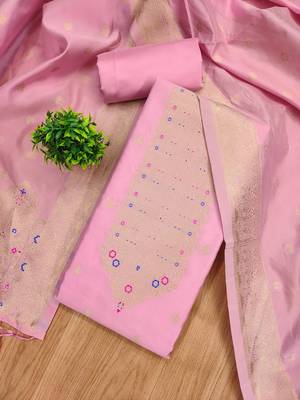 Baby pink soft silk blend silk pure zari woven dress material 4
