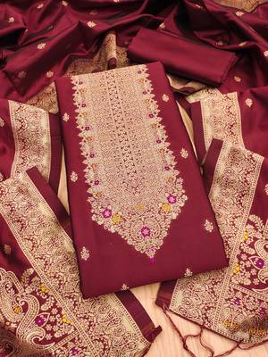 Maroon soft silk blend silk pure zari woven dress material 1