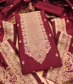Maroon soft banarasi silk pure zari woven design dress material