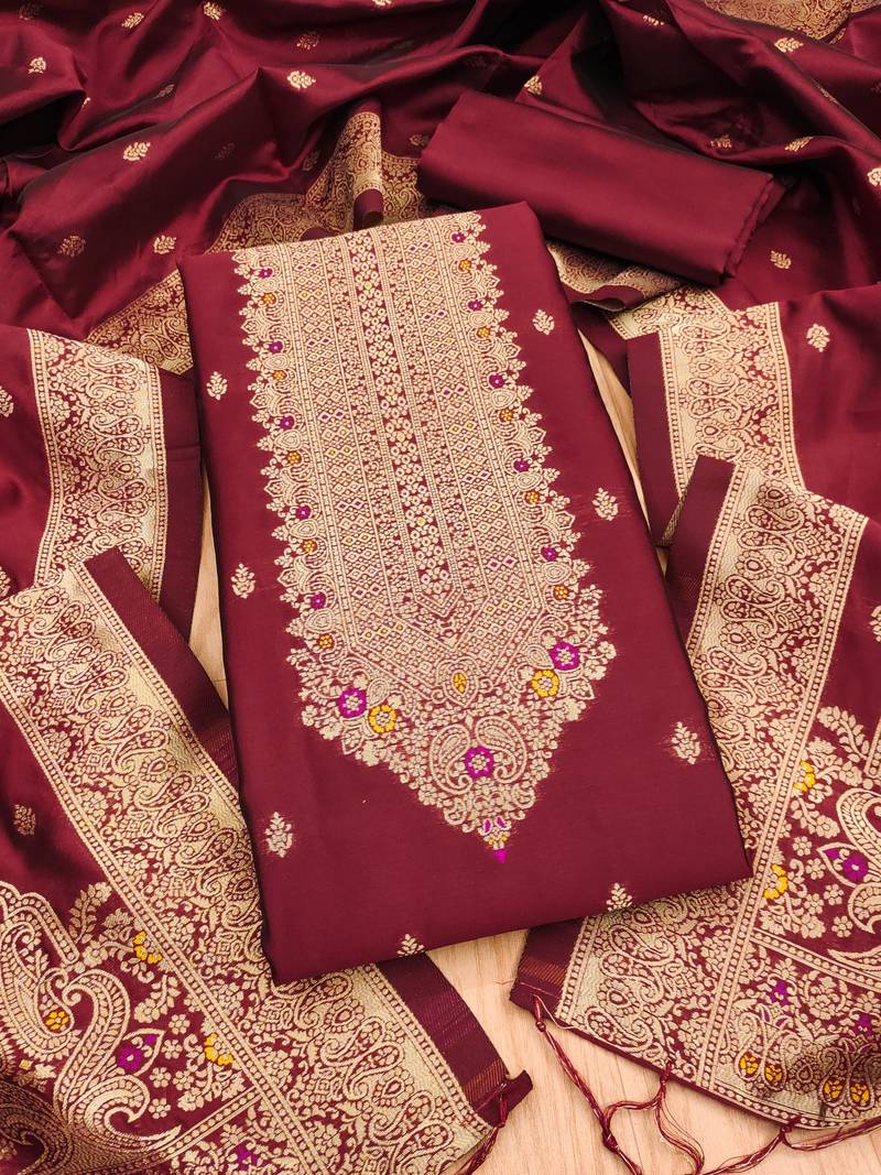 Maroon soft banarasi silk pure zari woven design dress material