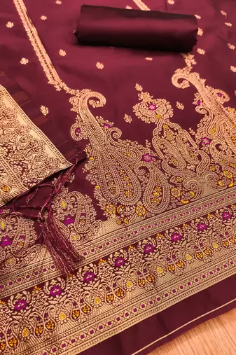 Maroon soft silk blend silk pure zari woven dress material