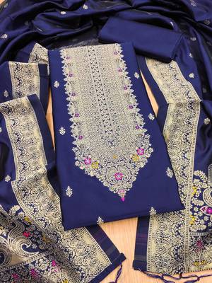 Navy blue soft silk blend silk pure zari woven dress material 1