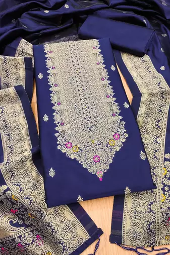Navy blue soft banarasi silk pure zari woven design dress material