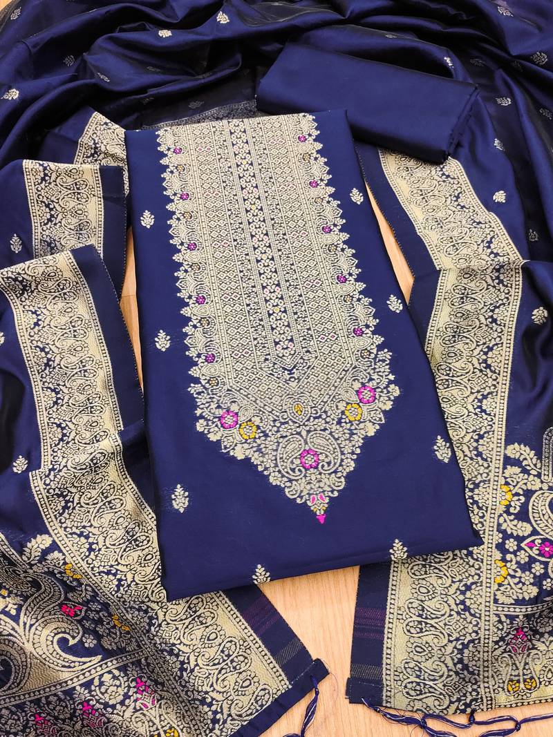 Navy blue soft banarasi silk pure zari woven design dress material
