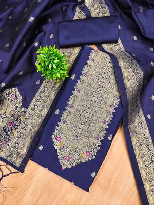 Navy blue soft silk blend silk pure zari woven dress material 4