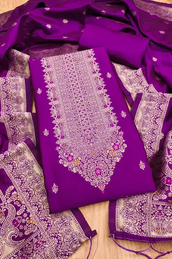 Purple soft banarasi silk pure zari woven design dress material