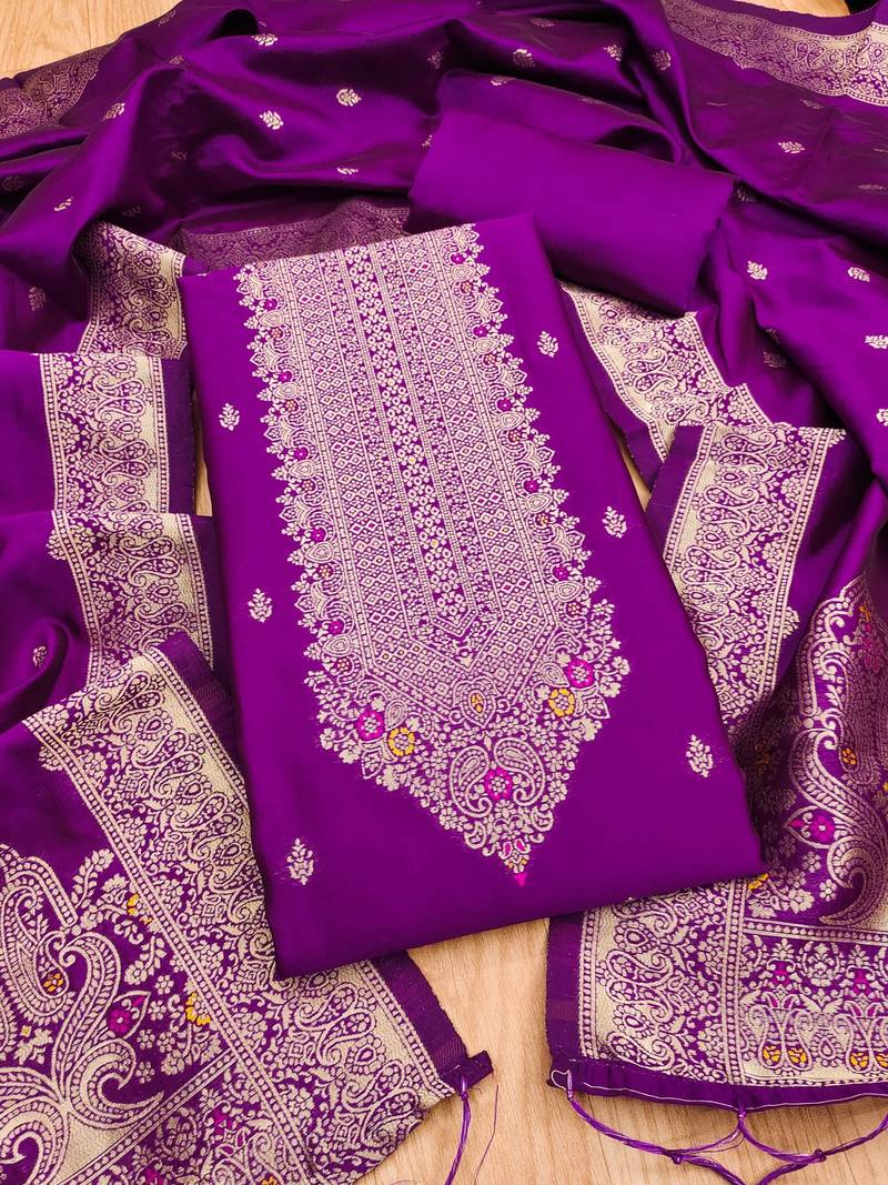 Purple soft banarasi silk pure zari woven design dress material