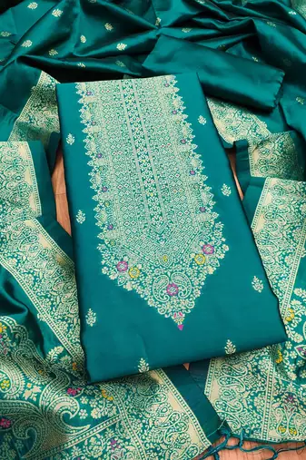 Teal soft banarasi silk pure zari woven design dress material