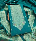 Teal soft banarasi silk pure zari woven design dress material