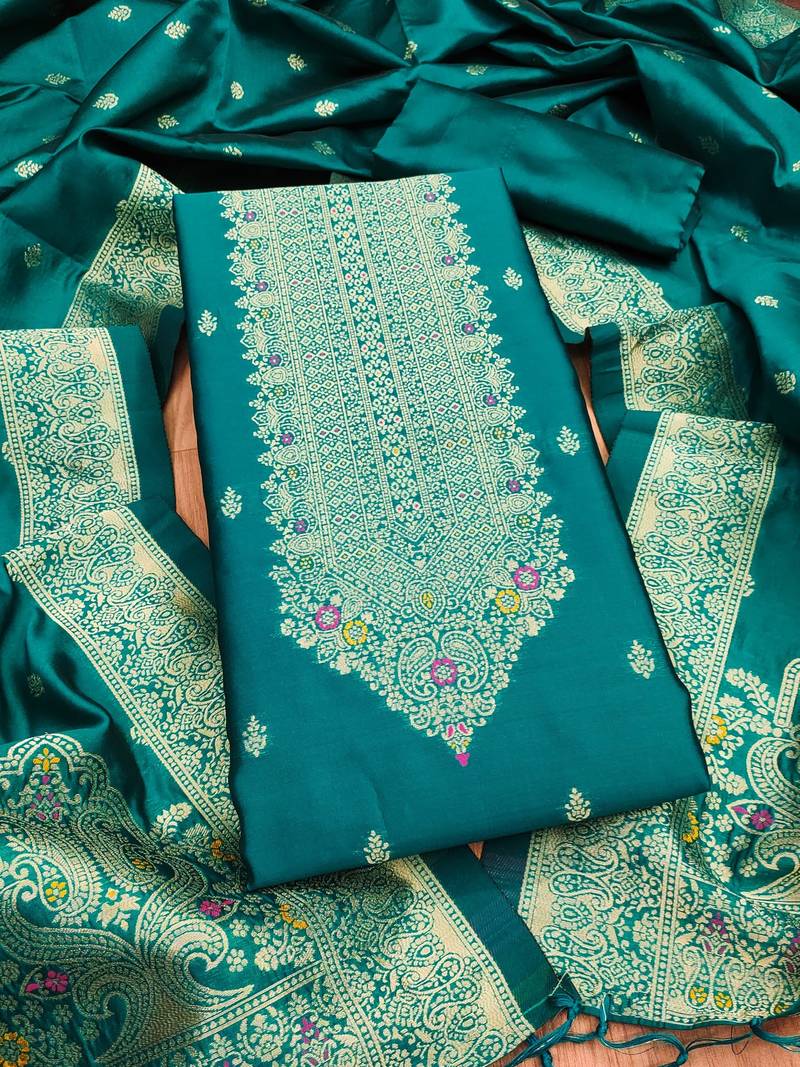 Teal soft banarasi silk pure zari woven design dress material