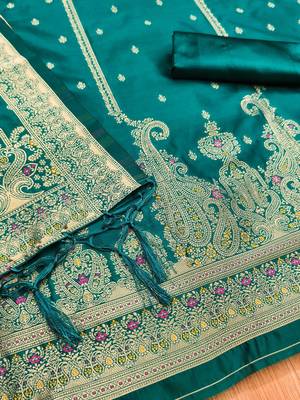 Teal soft silk blend silk pure zari woven dress material 2