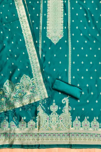 Teal soft silk blend silk pure zari woven dress material