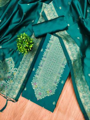 Teal soft silk blend silk pure zari woven dress material 4