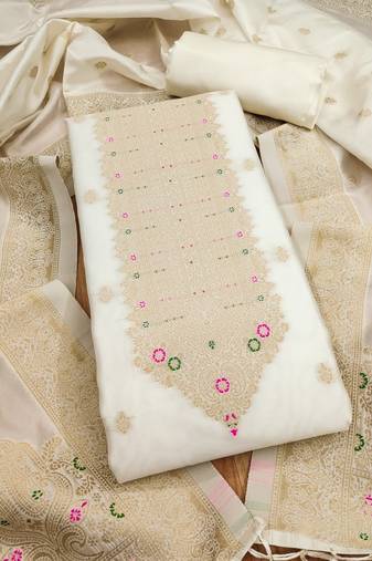 White soft banarasi silk pure zari woven design dress material