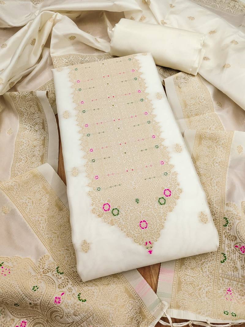 White soft banarasi silk pure zari woven design dress material