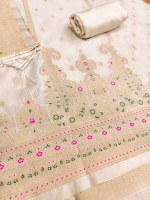 White soft silk blend silk pure zari woven dress material 2