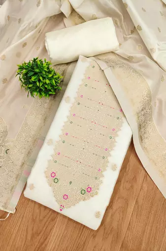 White soft silk blend silk pure zari woven dress material