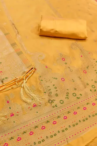 Yellow soft silk blend silk pure zari woven dress material
