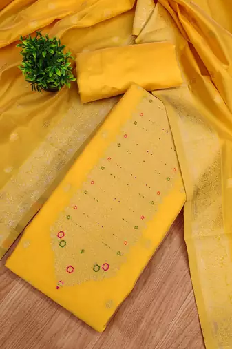 Yellow soft silk blend silk pure zari woven dress material