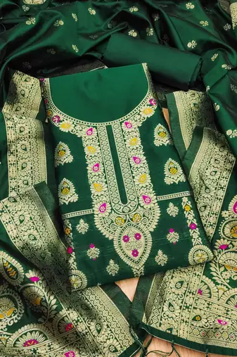 Bottle green soft banarasi silk pure zari woven design dress material