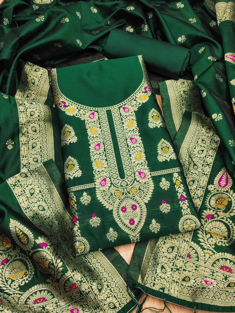 Bottle green soft banarasi silk pure zari woven design dress material