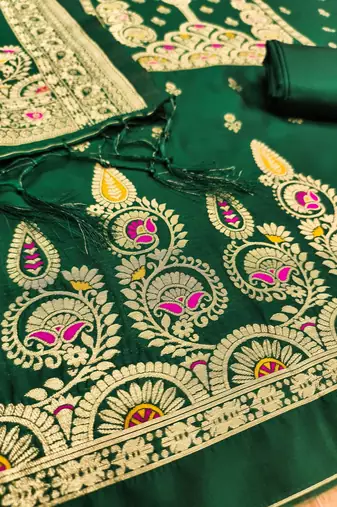 Bottle green soft silk blend silk pure zari woven dress material