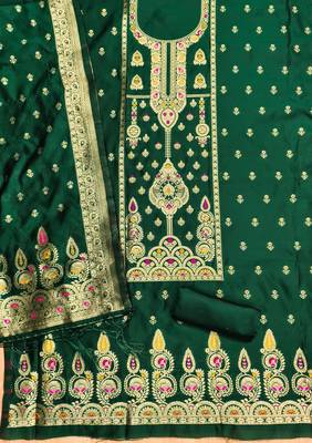 Bottle green soft silk blend silk pure zari woven dress material 3