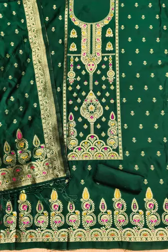 Bottle green soft silk blend silk pure zari woven dress material