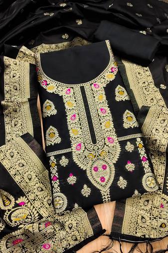 Black soft banarasi silk pure zari woven design dress material