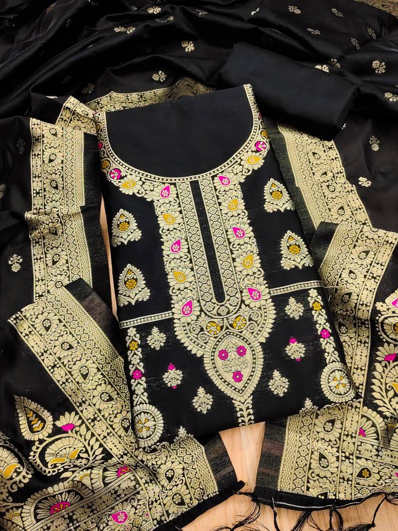 Black soft banarasi silk pure zari woven design dress material