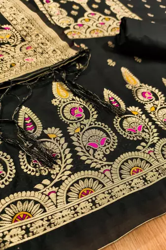 Black soft silk blend silk pure zari woven dress material