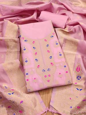 Baby pink soft silk blend silk pure zari woven dress material 1