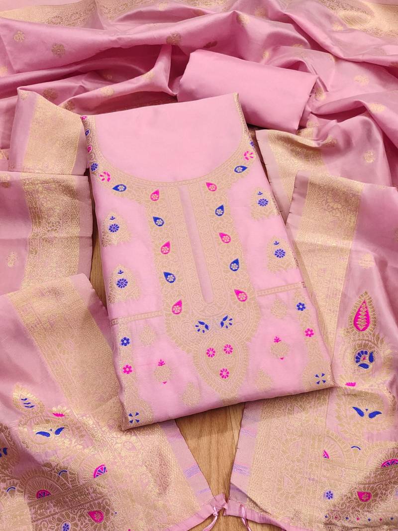 Baby pink soft banarasi silk pure zari woven design dress material