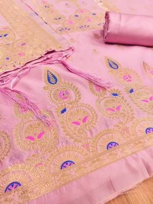 Baby pink soft silk blend silk pure zari woven dress material 2