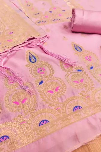 Baby pink soft silk blend silk pure zari woven dress material